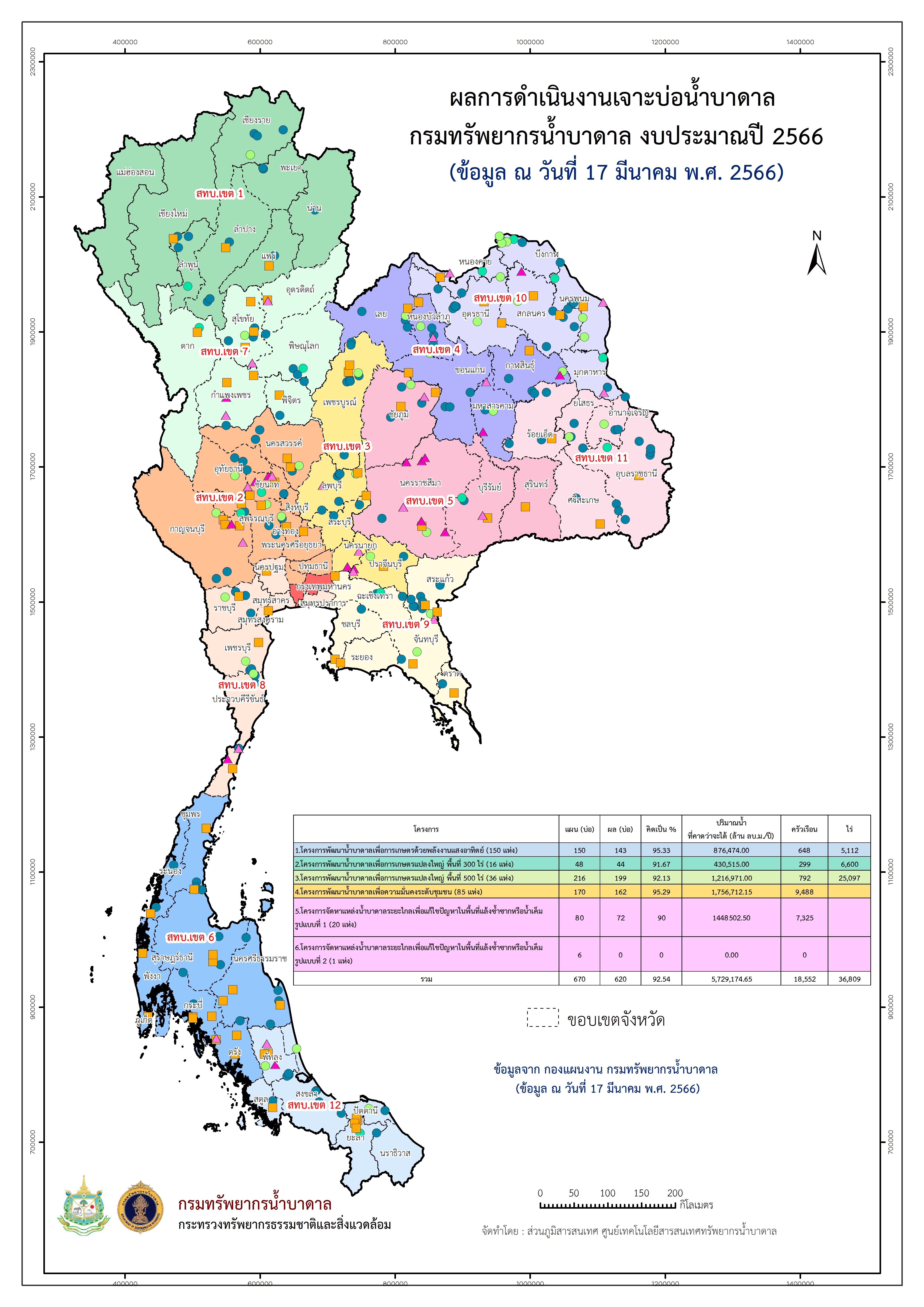 แผนที่ผลการดำเนินงานเจาะบ่อน้ำบาดาล